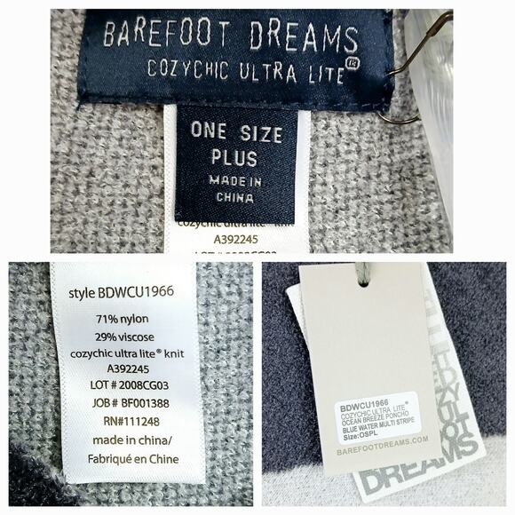 Barefoot Dreams Plus CozyChic UL Ocean Breeze Poncho Blue Water Multi Stripe NWT - Picture 5 of 5